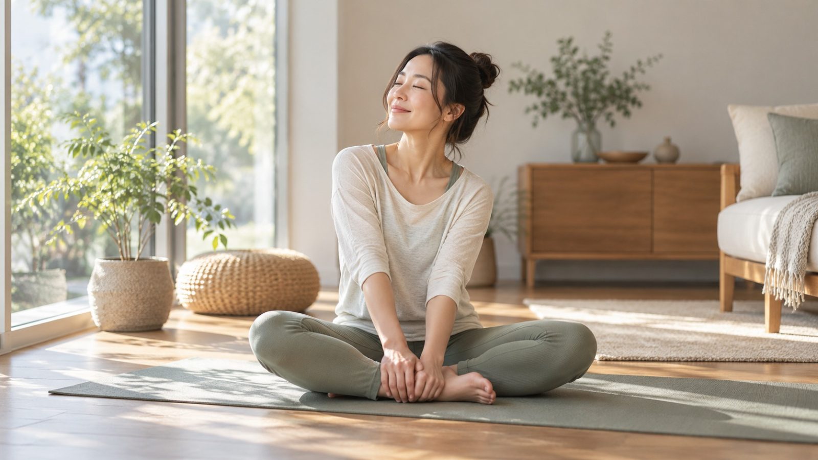 A woman who is 14 weeks pregnant sitting cross-legged on a yoga mat by a large window with her eyes closed