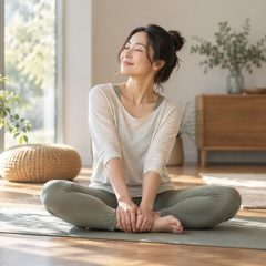 A woman who is 14 weeks pregnant sitting cross-legged on a yoga mat by a large window with her eyes closed