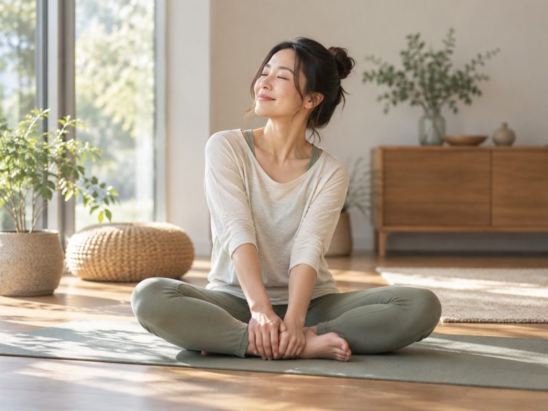A woman who is 14 weeks pregnant sitting cross-legged on a yoga mat by a large window with her eyes closed