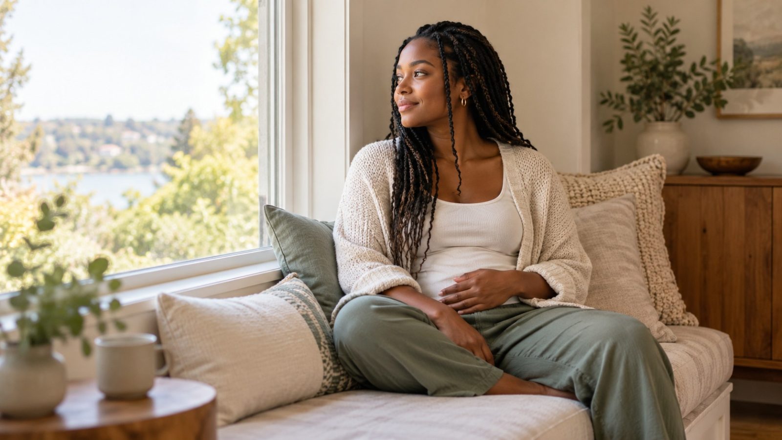 A woman who is 15 weeks pregnant sitting on a window seat with one hand on her lower belly, looking outside