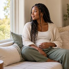 A woman who is 15 weeks pregnant sitting on a window seat with one hand on her lower belly, looking outside