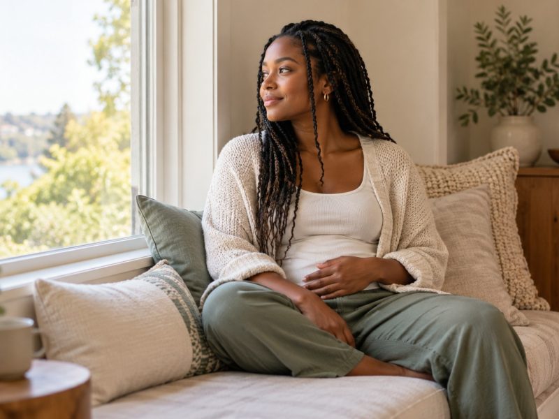 A woman who is 15 weeks pregnant sitting on a window seat with one hand on her lower belly, looking outside