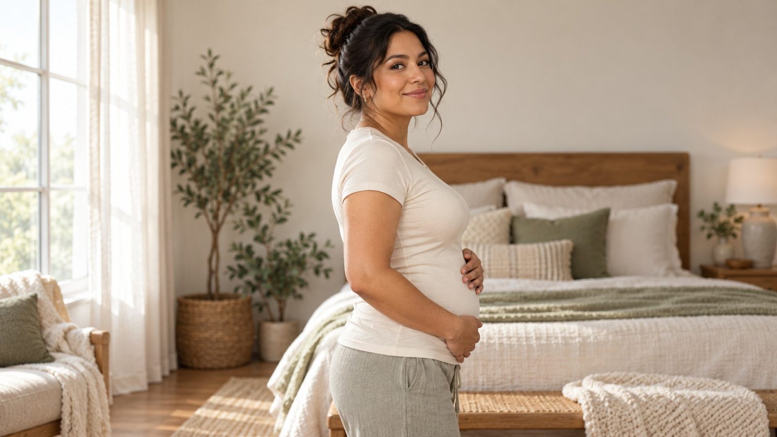 A woman who is 16 weeks pregnant standing side-on in a bedroom with her hands on a small bump