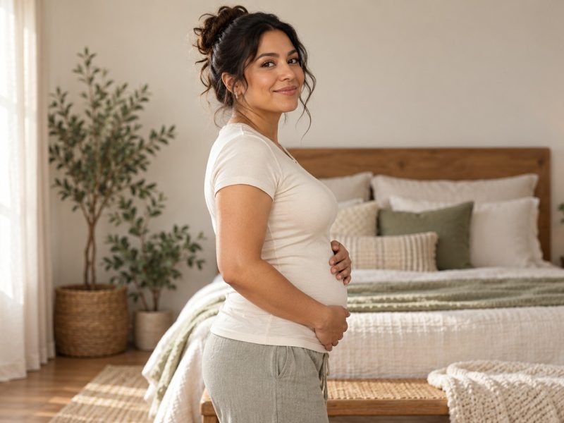 A woman who is 16 weeks pregnant standing side-on in a bedroom with her hands on a small bump