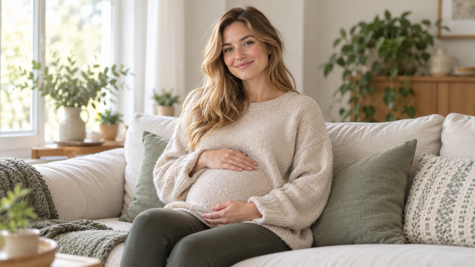 A woman who is 17 weeks pregnant smiling on a sofa in an oatmeal sweater with both hands on her bump