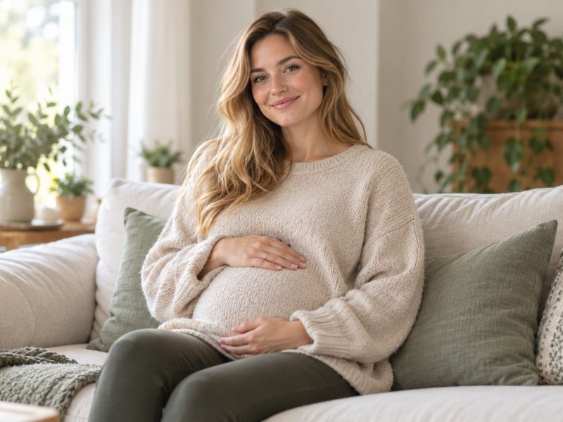 A woman who is 17 weeks pregnant smiling on a sofa in an oatmeal sweater with both hands on her bump