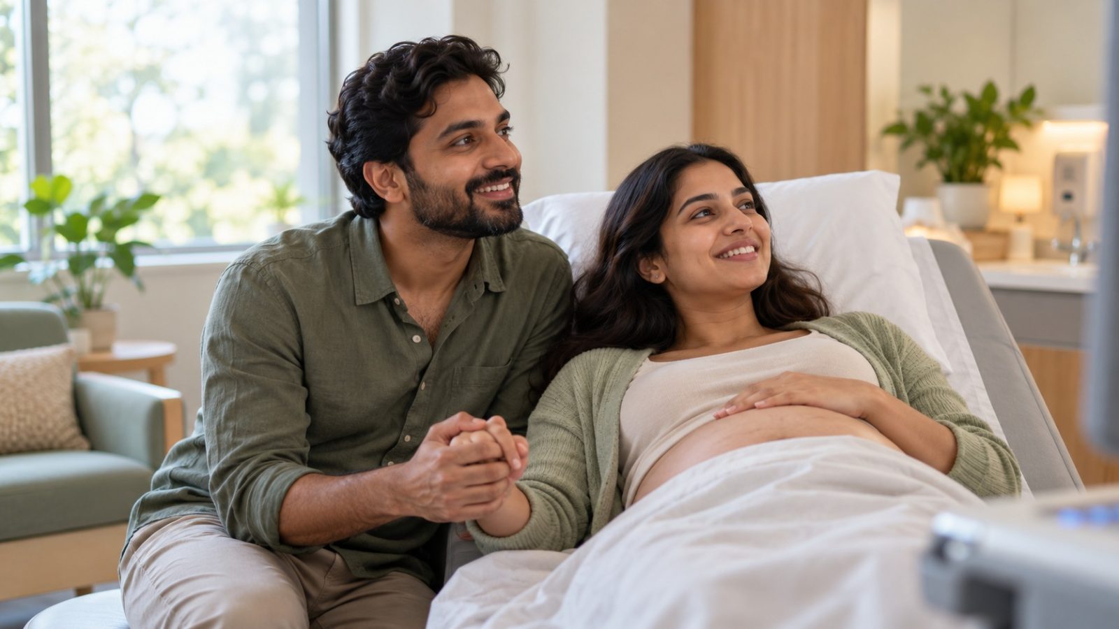A woman who is 18 weeks pregnant lying on an exam table in a scan room, holding hands with her partner