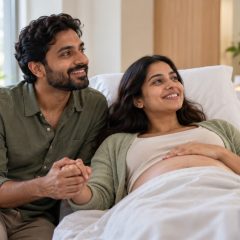 A woman who is 18 weeks pregnant lying on an exam table in a scan room, holding hands with her partner
