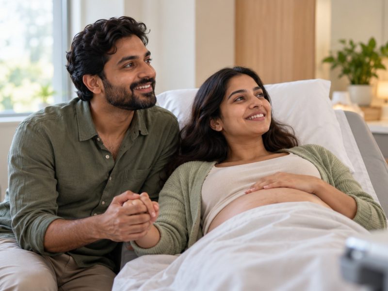 A woman who is 18 weeks pregnant lying on an exam table in a scan room, holding hands with her partner