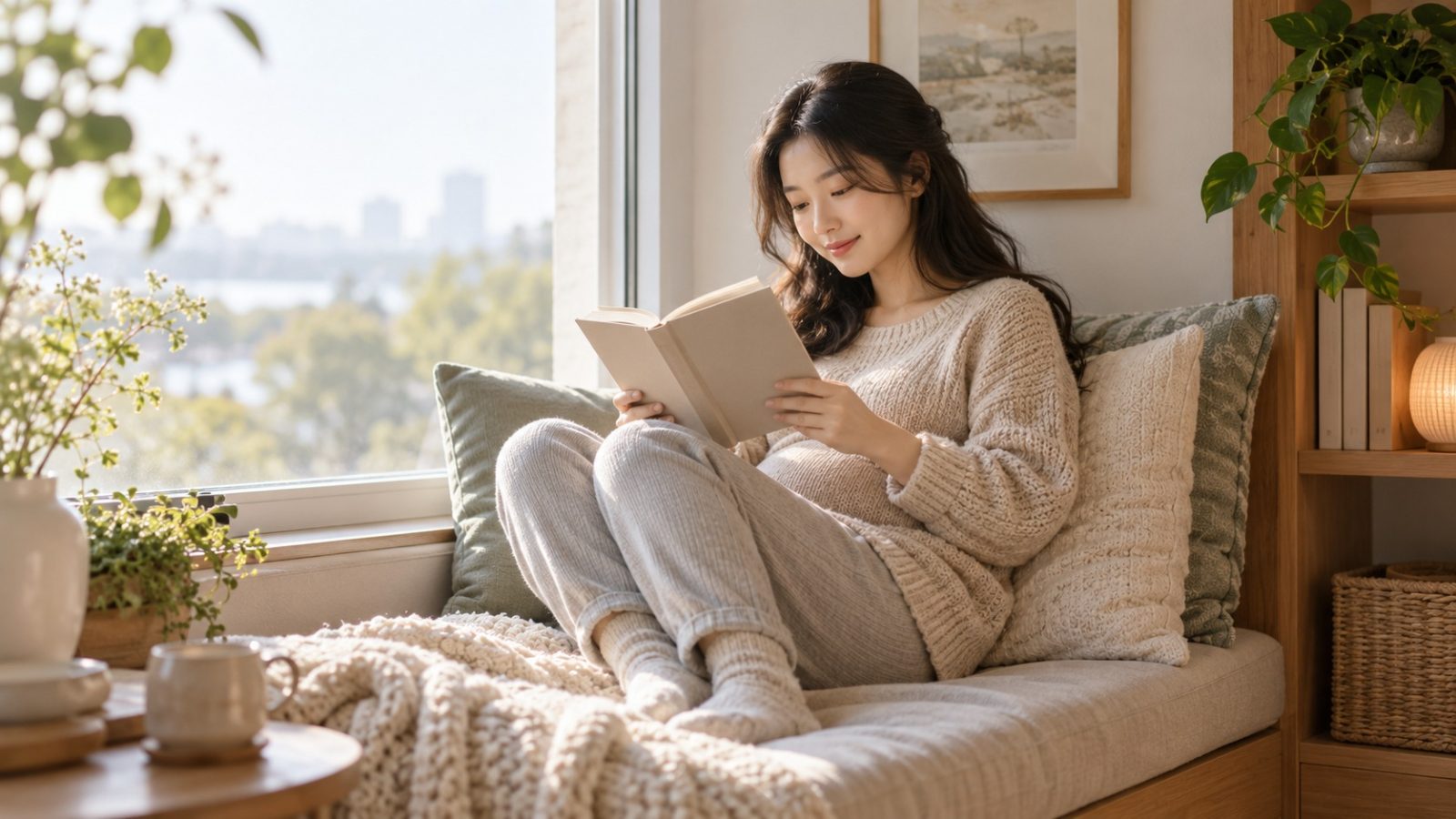 A woman who is 19 weeks pregnant reading a book on a cushioned window seat with her legs tucked up