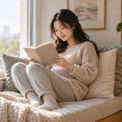 A woman who is 19 weeks pregnant reading a book on a cushioned window seat with her legs tucked up