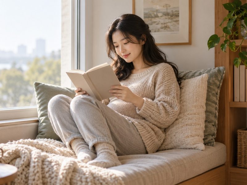 A woman who is 19 weeks pregnant reading a book on a cushioned window seat with her legs tucked up