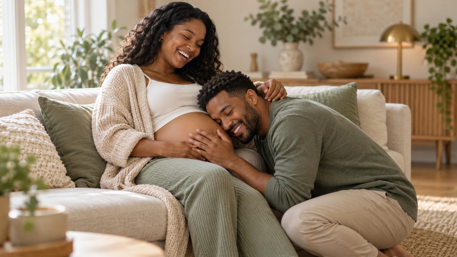 A woman who is 20 weeks pregnant laughing on a sofa as her partner kneels with his ear against her bump
