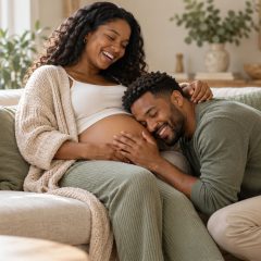 A woman who is 20 weeks pregnant laughing on a sofa as her partner kneels with his ear against her bump