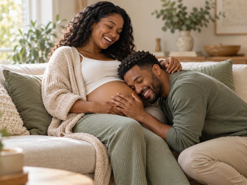 A woman who is 20 weeks pregnant laughing on a sofa as her partner kneels with his ear against her bump