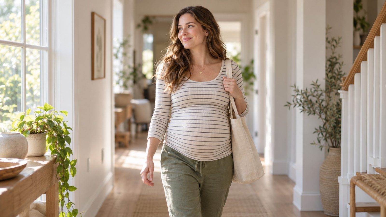 A woman who is 21 weeks pregnant walking along a sunlit hallway in a striped top with a tote bag on her shoulder
