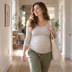 A woman who is 21 weeks pregnant walking along a sunlit hallway in a striped top with a tote bag on her shoulder
