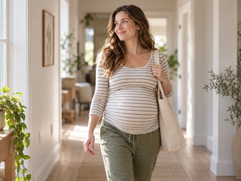 A woman who is 21 weeks pregnant walking along a sunlit hallway in a striped top with a tote bag on her shoulder