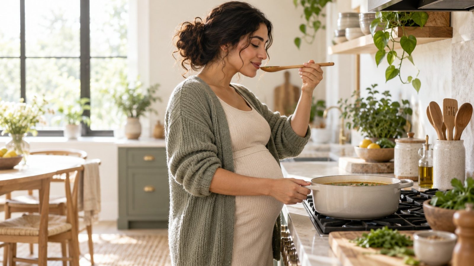 A woman who is 22 weeks pregnant tasting soup from a wooden spoon at the stove in a bright kitchen