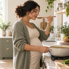 A woman who is 22 weeks pregnant tasting soup from a wooden spoon at the stove in a bright kitchen