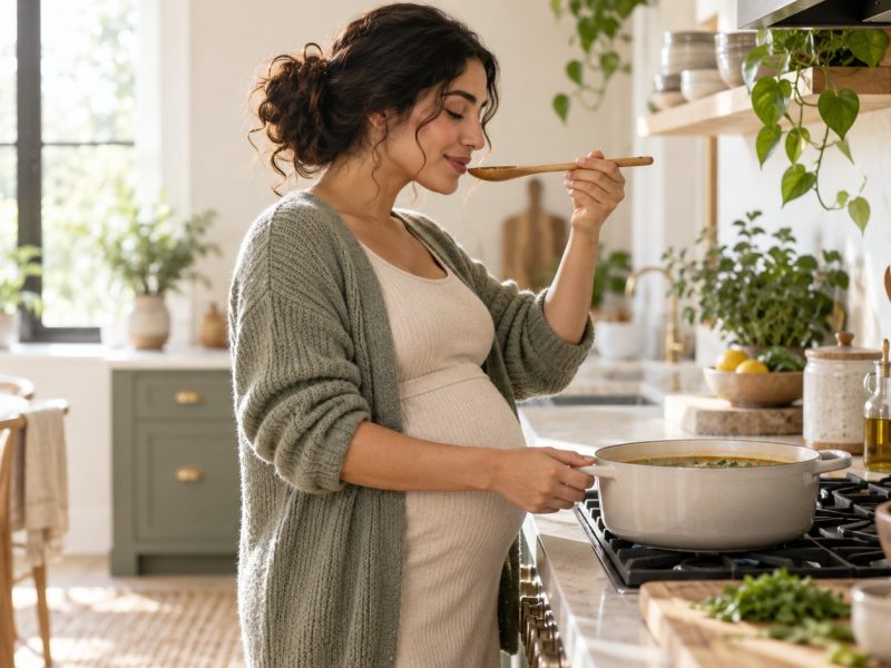 A woman who is 22 weeks pregnant tasting soup from a wooden spoon at the stove in a bright kitchen