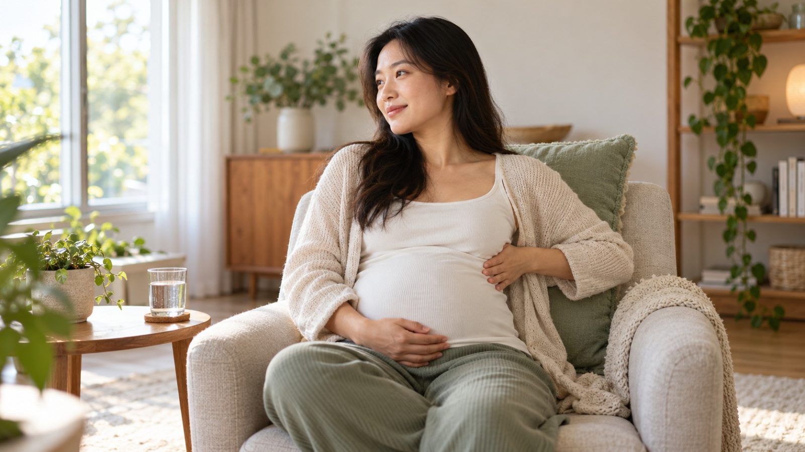 A woman who is 23 weeks pregnant sitting in an armchair with one hand on her bump and the other on her side