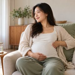 A woman who is 23 weeks pregnant sitting in an armchair with one hand on her bump and the other on her side