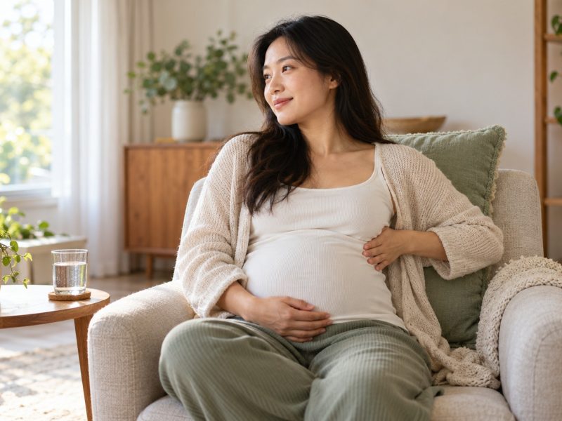 A woman who is 23 weeks pregnant sitting in an armchair with one hand on her bump and the other on her side