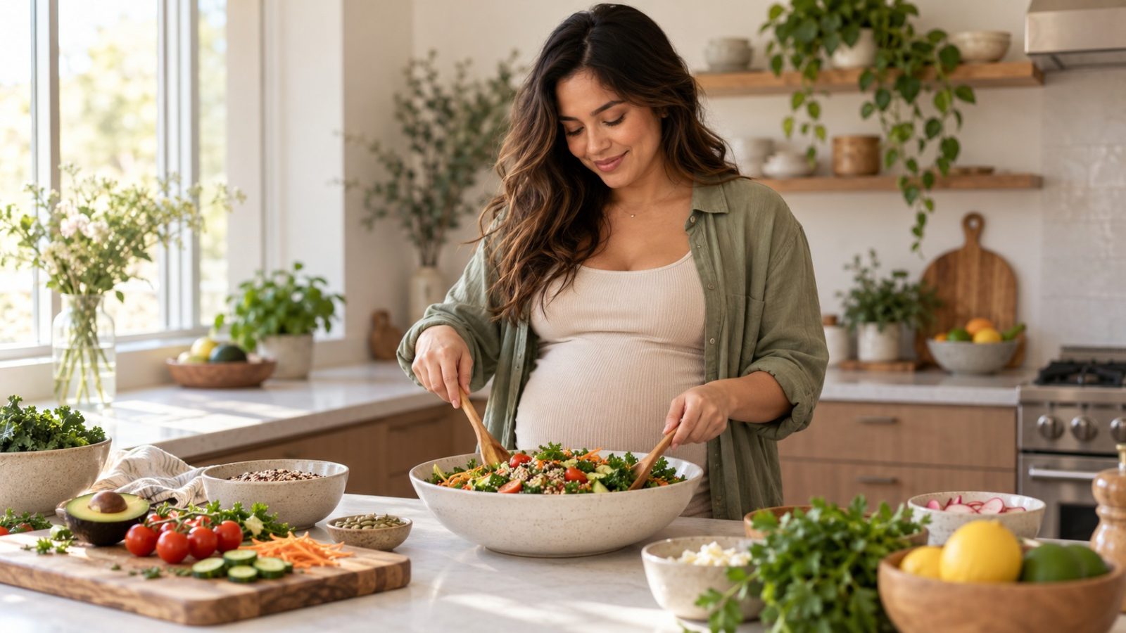 A woman who is 24 weeks pregnant tossing a grain and vegetable salad in a large bowl at a kitchen counter
