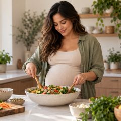A woman who is 24 weeks pregnant tossing a grain and vegetable salad in a large bowl at a kitchen counter
