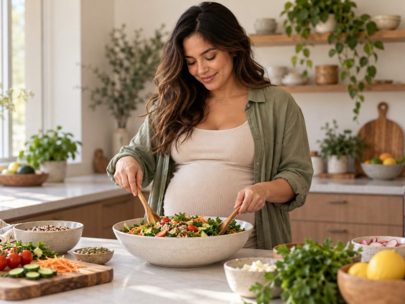 A woman who is 24 weeks pregnant tossing a grain and vegetable salad in a large bowl at a kitchen counter