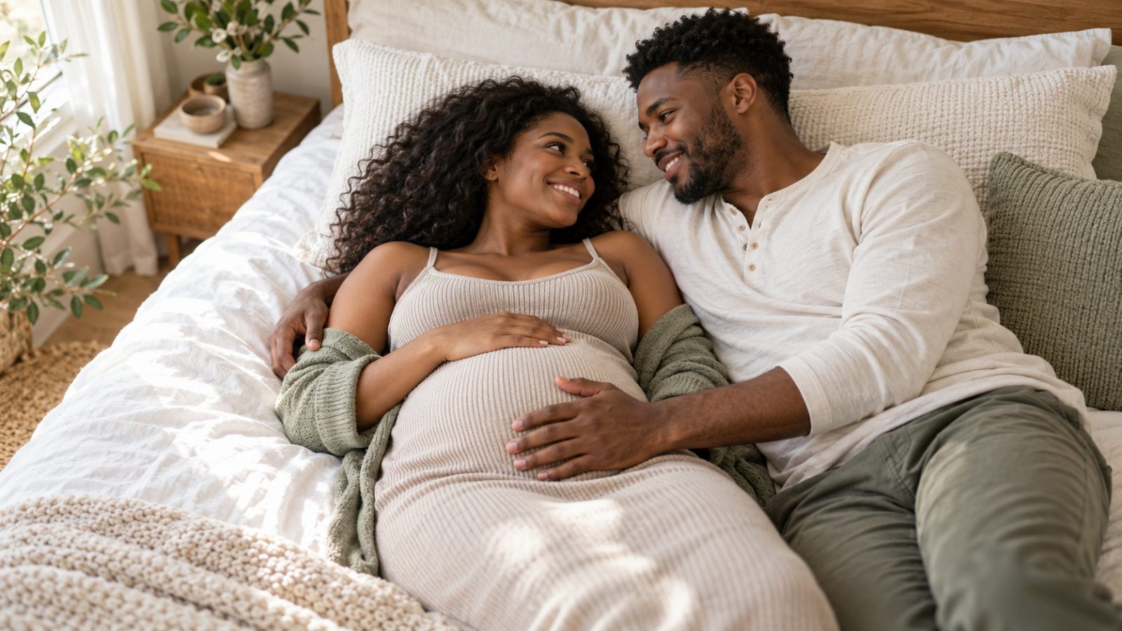 A woman who is 26 weeks pregnant lying on a bed beside her partner, his hand on her bump as they smile