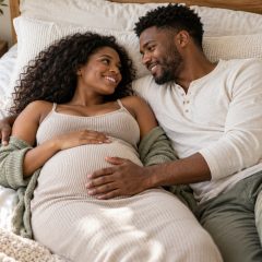 A woman who is 26 weeks pregnant lying on a bed beside her partner, his hand on her bump as they smile
