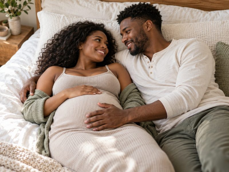 A woman who is 26 weeks pregnant lying on a bed beside her partner, his hand on her bump as they smile