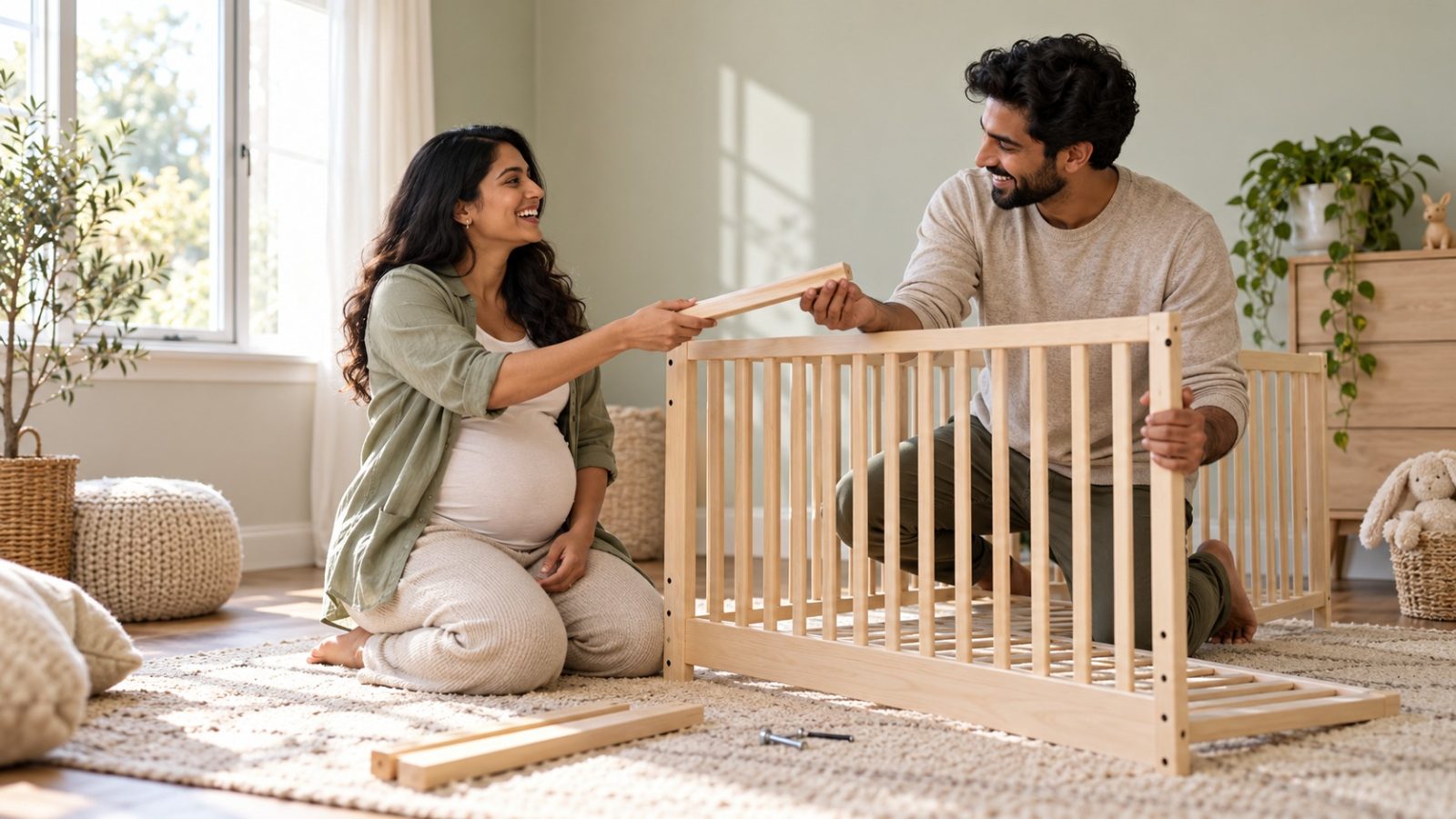 A woman who is 27 weeks pregnant handing a wooden slat to her partner as they build a crib in the nursery