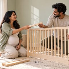 A woman who is 27 weeks pregnant handing a wooden slat to her partner as they build a crib in the nursery