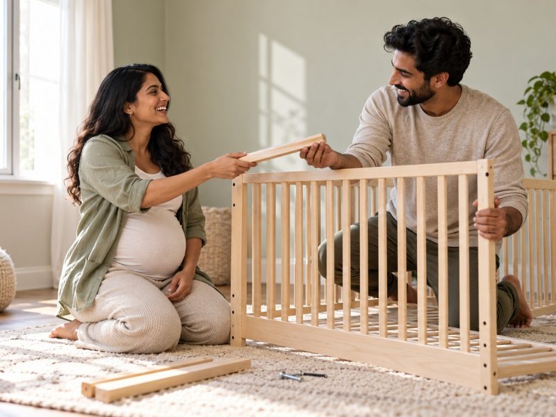 A woman who is 27 weeks pregnant handing a wooden slat to her partner as they build a crib in the nursery