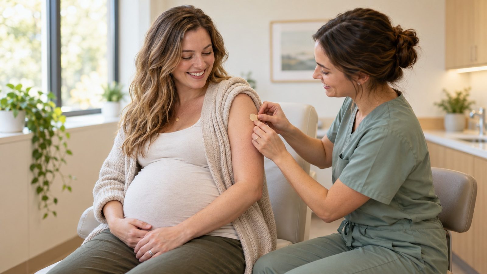 A nurse placing a small bandage on the upper arm of a smiling woman who is 28 weeks pregnant