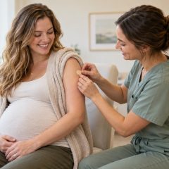 A nurse placing a small bandage on the upper arm of a smiling woman who is 28 weeks pregnant