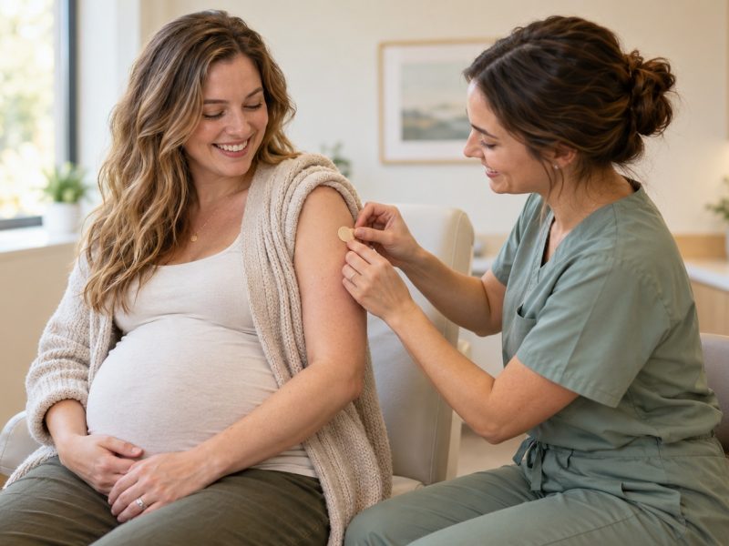 A nurse placing a small bandage on the upper arm of a smiling woman who is 28 weeks pregnant