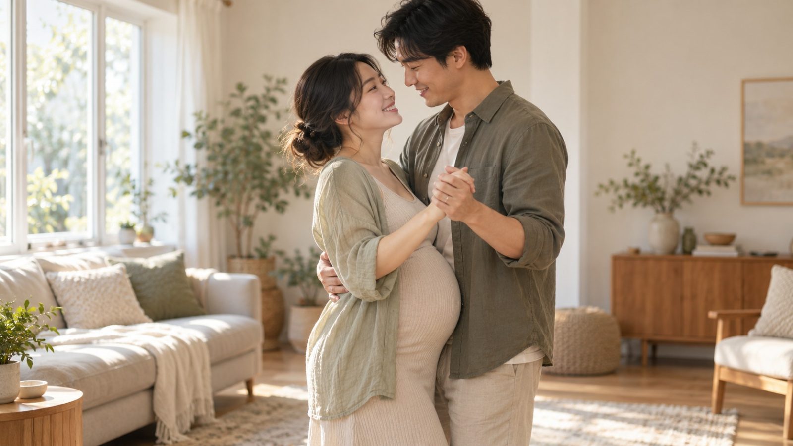 A woman who is 29 weeks pregnant slow-dancing with her partner in a sunlit living room