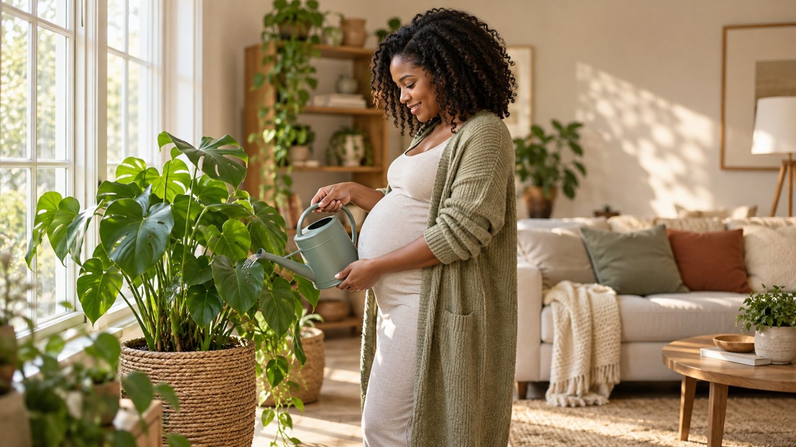 A woman who is 30 weeks pregnant watering a large leafy houseplant by a living room window