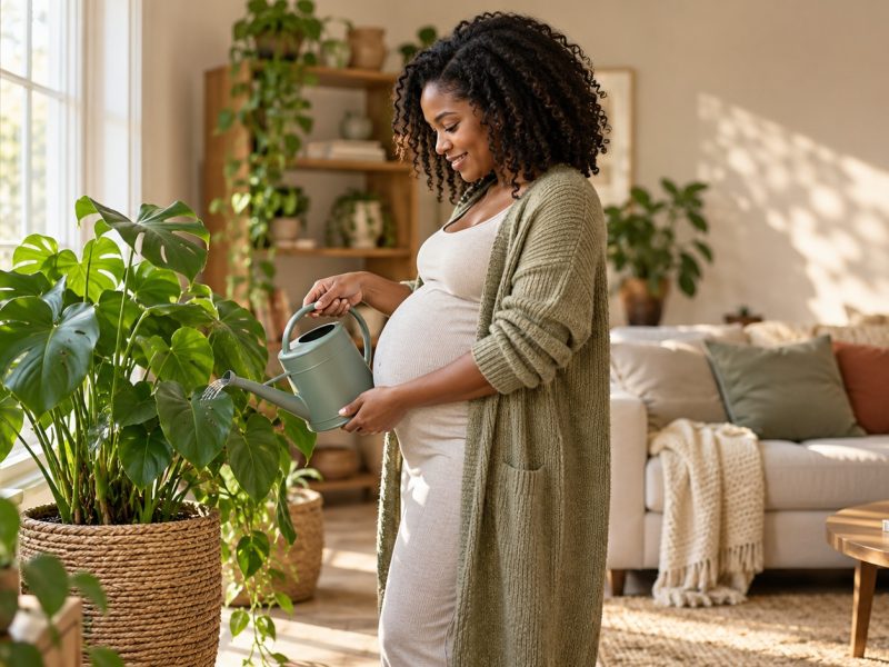 A woman who is 30 weeks pregnant watering a large leafy houseplant by a living room window