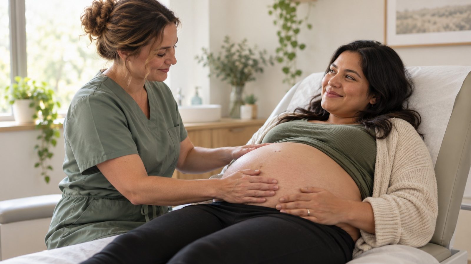 A midwife gently feeling the bump of a smiling woman who is 31 weeks pregnant, propped up on an exam table