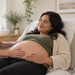 A midwife gently feeling the bump of a smiling woman who is 31 weeks pregnant, propped up on an exam table