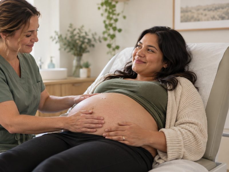 A midwife gently feeling the bump of a smiling woman who is 31 weeks pregnant, propped up on an exam table
