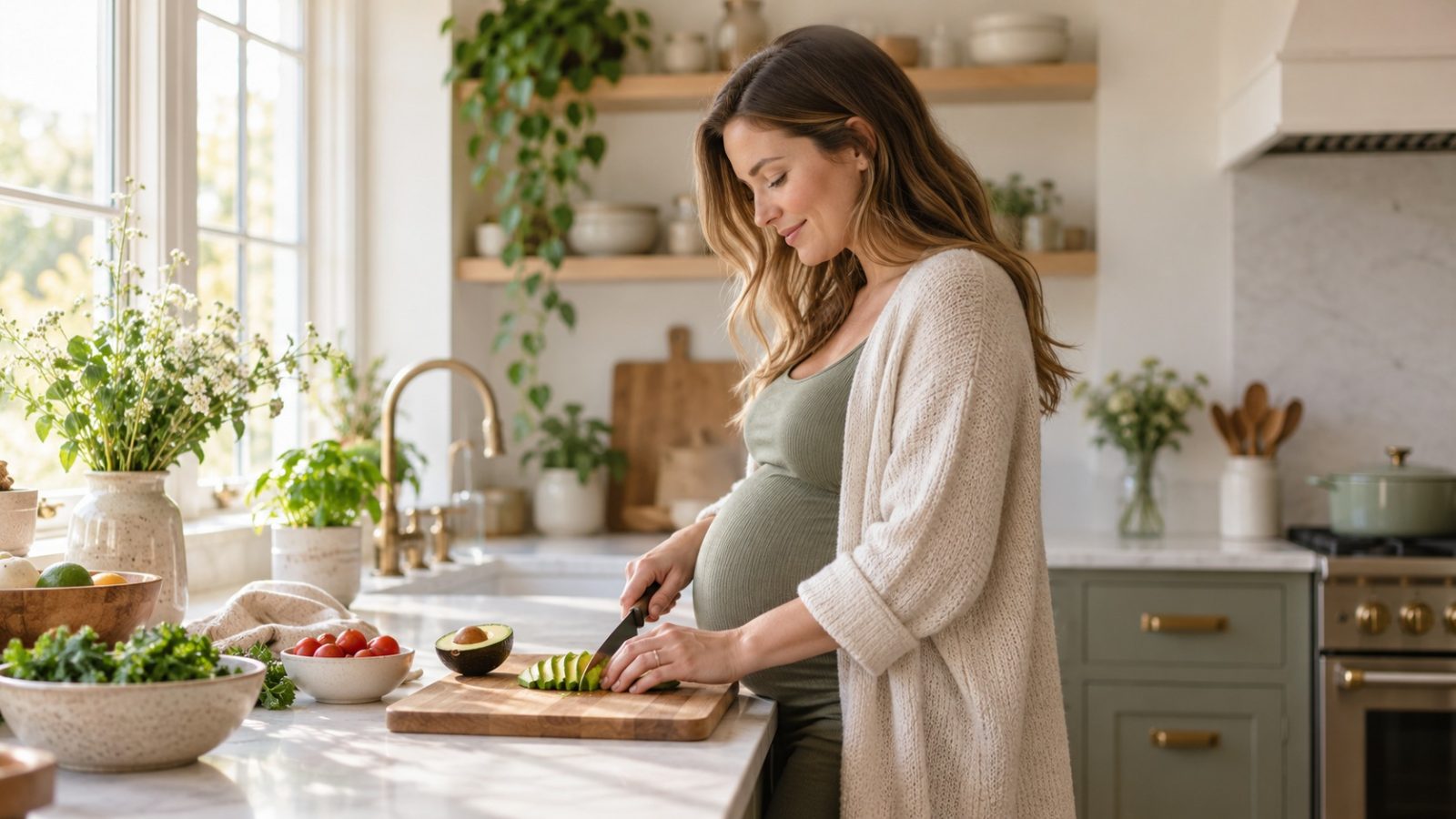 A woman who is 32 weeks pregnant slicing an avocado on a wooden board in a bright kitchen