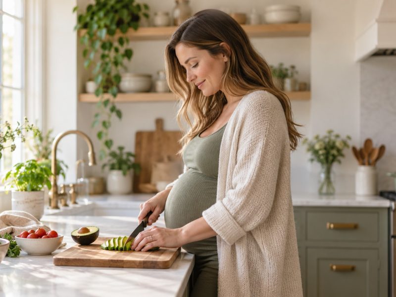 A woman who is 32 weeks pregnant slicing an avocado on a wooden board in a bright kitchen