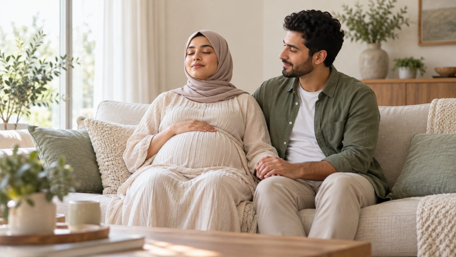 A woman in a headscarf who is 33 weeks pregnant resting on a sofa with her eyes closed as her partner holds her hand