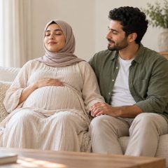 A woman in a headscarf who is 33 weeks pregnant resting on a sofa with her eyes closed as her partner holds her hand